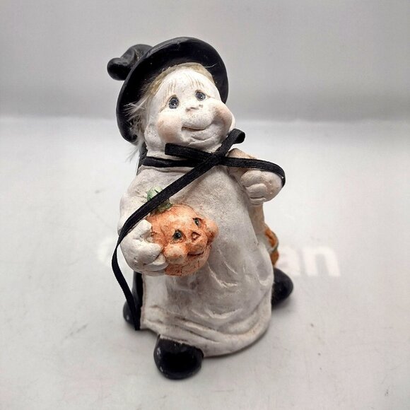 Vintage Chubby Faced Ghost Witch Ceramic Figurine Pumpkin Broom 1990s Cute Face - Picture 1 of 8